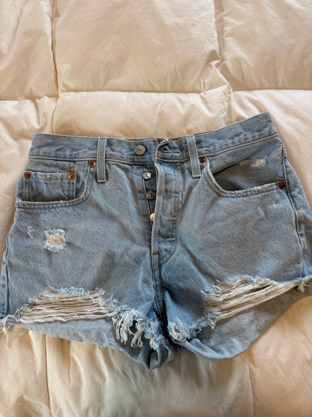 Levi's Light Blue Distressed Button-Fly Denim Shorts